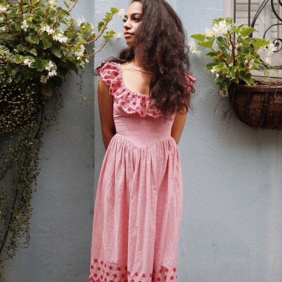 Doen Liesel Cherry Red Paris Gingham eyelet dress, Size M - Picture 9 of 10